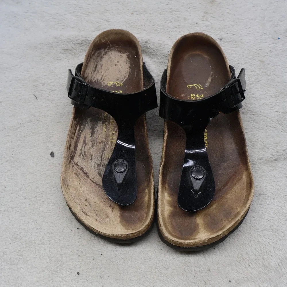Birkenstock Women 4 EU35 Sandals Black Gizeh Patent Birko-Flor Cork Thong READ